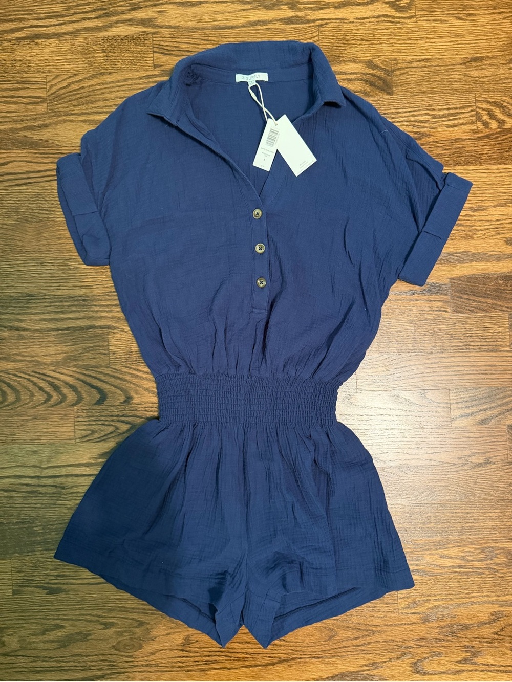 Z Supply Navy Button-Front Suntide Gauze Short Sleeve Romper